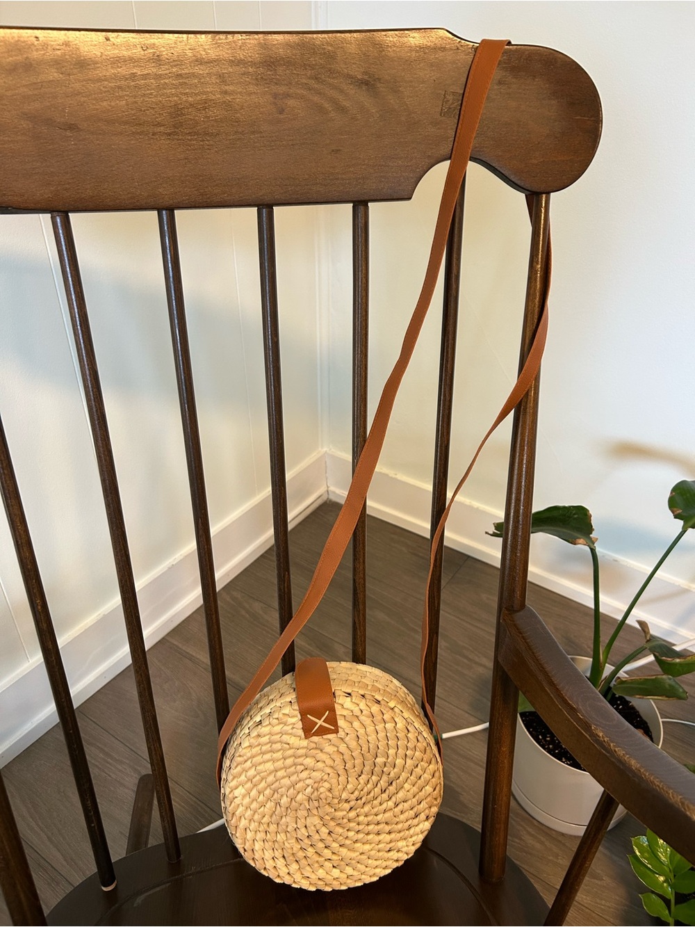 Artisan Handwoven Round Crossbody Bag with Tan Strap